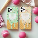Personligt dubbellagrat mobilskal för iPhone med namn och nummer Födelsedagspresent för basebollälskare - Ice Cream Cone Drip Baseball
