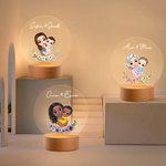 Lámpara de noche LED con nombre y base de madera Personalizada Mamá y niño de dibujos animados Flor de nacimiento Cumpleaños Decoración del hogar Regalo del Día de la Madre para mamá Abuela