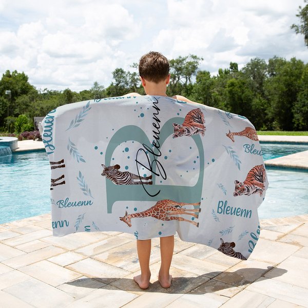 Personalized Jungle Animals Initial Quick Dry Oversized Microfiber Beach Towel with Name Vacation Travel Essential Birthday Gift for Family Kids