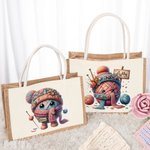 Personalisierte Cartoon Häkelmuster Jute Tragetasche mit Namen Reisen Zubehör Tote Bag Geburtstag Urlaub Geschenk für Stricken Liebhaber Damen