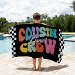 Personalized Multicolor Plaid Cousin Crew Quick Dry Oversized Beach Towel with Name Summer Travel Holiday Essential Birthday Gift for Family Kids
