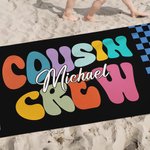 Personalized Multicolor Plaid Cousin Crew Quick Dry Oversized Beach Towel with Name Summer Travel Holiday Essential Birthday Gift for Family Kids