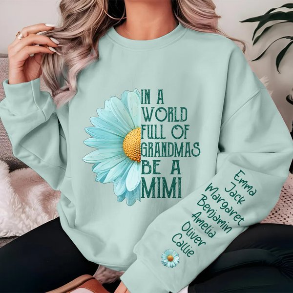 Personalised Multicolor 1-16 Names Light Blue Chrysanthemum Soft Crew Neck T-shirt Sweatshirt with Title Birthday Mother's Day Gift for Grandma