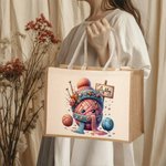 Personalisierte Cartoon Häkelmuster Jute Tragetasche mit Namen Reisen Zubehör Tote Bag Geburtstag Urlaub Geschenk für Stricken Liebhaber Damen