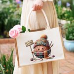Personalisierte Cartoon Häkelmuster Jute Tragetasche mit Namen Reisen Zubehör Tote Bag Geburtstag Urlaub Geschenk für Stricken Liebhaber Damen
