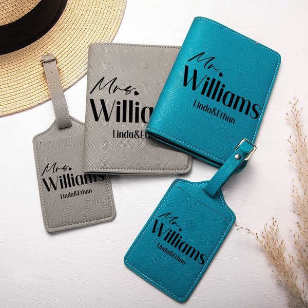 Personalisierte Herr & Frau Multicolor PU Leder Passport Cover Gepäckanhänger Set mit Familienname und Text Flitterwochen Reise Hochzeit Geschenk für Männer Frauen