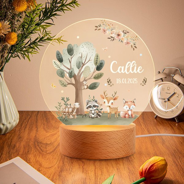 Personalised Cute Fox Deer Turtle Forest Animal LED Night Light with Name and Wooden Base Nursery Decor Birthday Baby Shower Gift for Kids