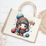Personalisierte Cartoon Häkelmuster Jute Tragetasche mit Namen Reisen Zubehör Tote Bag Geburtstag Urlaub Geschenk für Stricken Liebhaber Damen
