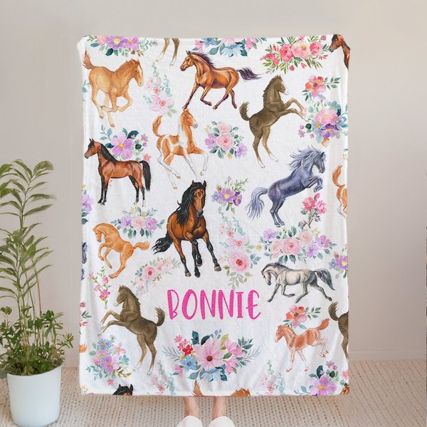 Personalised Horse Floral Soft Throw Blanket with Name Warm Home Decor Birthday Children's Day Baby Shower Gift for Kids Newborn Horse Lovers