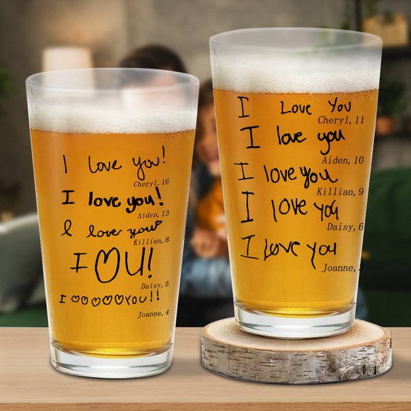 Personalised 1-6 Handwritten Text Design 16 oz Clear Beer Glass with Name and Age Father's Day Birthday Gift for Dad Grandpa Beer Lover