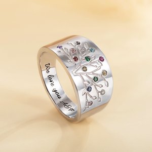 Anello in argento sterling con albero genealogico personalizzato e pietre di nascita - Regalo di gioielli incisi per la mamma o la nonna