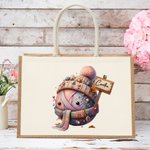 Personalisierte Cartoon Häkelmuster Jute Tragetasche mit Namen Reisen Zubehör Tote Bag Geburtstag Urlaub Geschenk für Stricken Liebhaber Damen