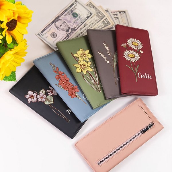 Portefeuille en Cuir PU Personnalisé avec Nom et Fleur de Naissance Accessoire Cartes de Crédit Cadeau Anniversaire Fête des Mères pour Femmes