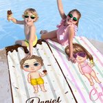 Toalla de playa de tamaño grande y secado rápido con el nombre del niño, personalizada con el dibujo de un helado de chocolate.