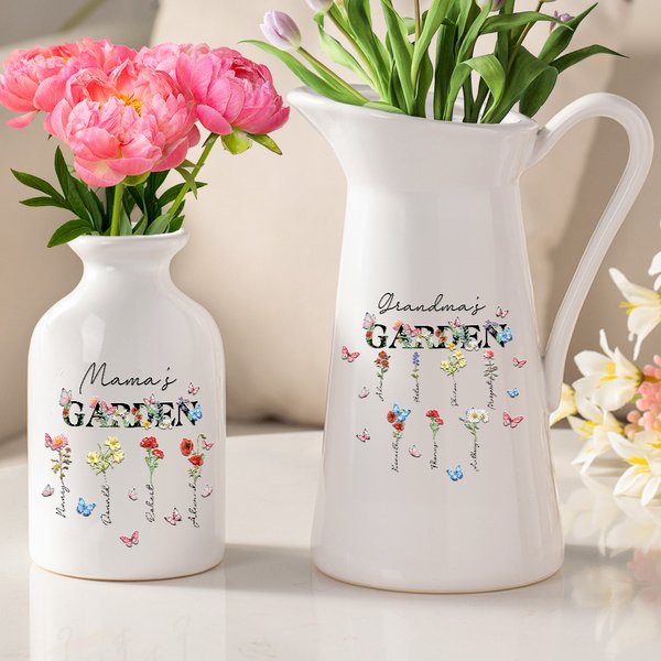 Personalised Butterfly Birth Flower Garden Ceramic Flower Vase with Title and 1-8 Names Birthday Mother's Day Housewarming Gift for Mom Grandma