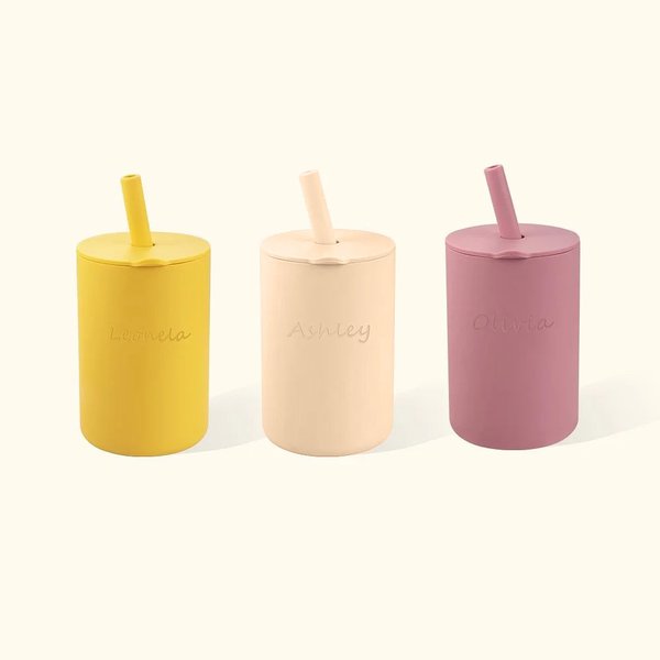 Personalised Baby Silicone Cups with Straw and Lid Training Sippy Cups Toddler Gift