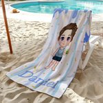 Toalla de playa de tamaño grande y secado rápido con el nombre del niño, personalizada con el dibujo de un helado de chocolate.