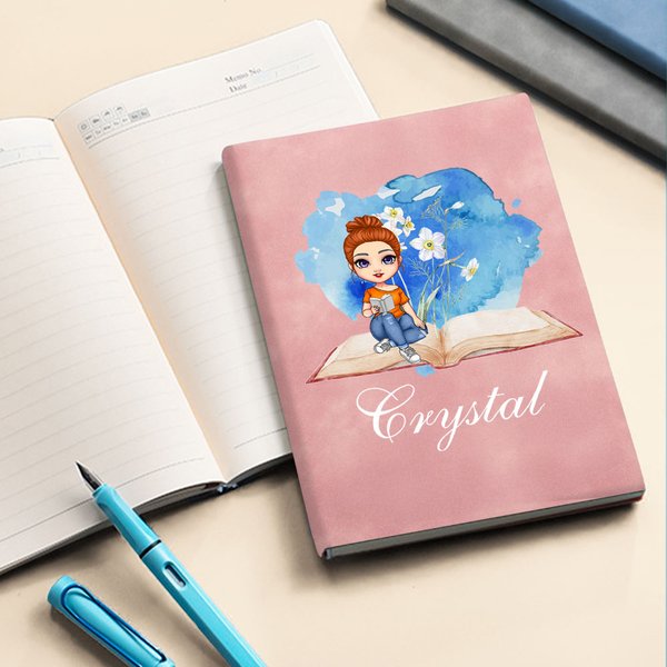 Personalised Watercolour Birth Flower Cartoon Reading Woman A5 Notebook with Name Mother's Day Birthday Gift for Book Lover Bookworm