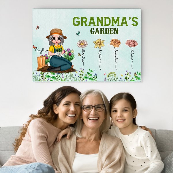 Personlig tecknad karaktär födelse blomma trädgård affisch ramlös inramad målning med 1-12 namn heminredning mors dag present till mamma mormor