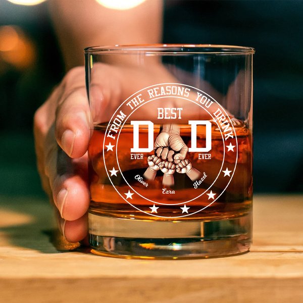Personalised Best Dad Fist Bump 10 oz Whiskey Glass with 1-6 Names Father's Day Birthday Appreciation Gift for Dad Grandfather Wine Lovers