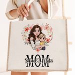 Personlig hjerteformet krans tegneserie mamma og 1-2 barn jute totepose med navn reisetilbehør morsdag bursdagsgave til mamma kvinner