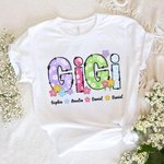 Personlig fargerik T-skjorte med blomsteralfabeter T-skjortegenser med kallenavn og 1-12 navn Morsdag Bursdagsgave til mamma bestemor familie