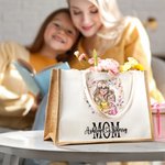 Personlig hjerteformet krans tegneserie mamma og 1-2 barn jute totepose med navn reisetilbehør morsdag bursdagsgave til mamma kvinner