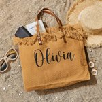 Personalized Tassel Large Capacity Canvas Tote Bag with Name and Leather Handle Travel Accessories Mother's Day Birthday Gift for Women