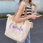 Personalized Tassel Large Capacity Canvas Tote Bag with Name and Leather Handle Travel Accessories Mother's Day Birthday Gift for Women