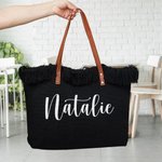 Personalized Tassel Large Capacity Canvas Tote Bag with Name and Leather Handle Travel Accessories Mother's Day Birthday Gift for Women