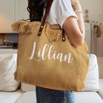 Personalized Tassel Large Capacity Canvas Tote Bag with Name and Leather Handle Travel Accessories Mother's Day Birthday Gift for Women