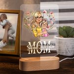 Personalisierte herzförmige Kranz Cartoon Mama und 1-2 Kinder LED-Nachtlicht mit Namen und Holzsockel Home Desk Decor Muttertag Geschenk für Mama Oma