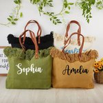 Personalized Tassel Large Capacity Canvas Tote Bag with Name and Leather Handle Travel Accessories Mother's Day Birthday Gift for Women