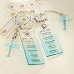 Portachiavi personalizzato Gradient Blue Birth Flower Bible Verse Name con croce Charm Regalo di battesimo per la famiglia Christian