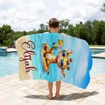 Personalized Cute Elephant Rabbit Animals Oversized Quick Dry Name Beach Towel with Swimming Ring Summer Vacation Pool Party Gift for Boys Girls