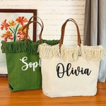 Personalized Tassel Large Capacity Canvas Tote Bag with Name and Leather Handle Travel Accessories Mother's Day Birthday Gift for Women