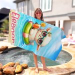 Personalized Cute Elephant Rabbit Animals Oversized Quick Dry Name Beach Towel with Swimming Ring Summer Vacation Pool Party Gift for Boys Girls