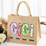 Personalized Colorful Flowers Large Jute Tote Bag with Nickname and 1-12 Names Mother's Day Birthday Gift for Mom Grandma