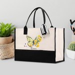 Personalised Birth Flower Butterfly Large Canvas Tote Bag with Name Birthday Mother's Day Gift for Women Girls