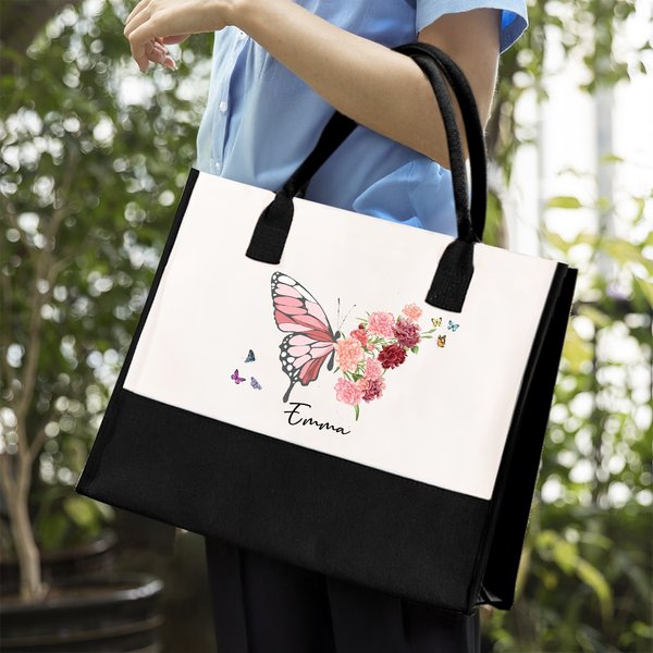Personalised Birth Flower Butterfly Large Canvas Tote Bag with Name Birthday Mother's Day Gift for Women Girls