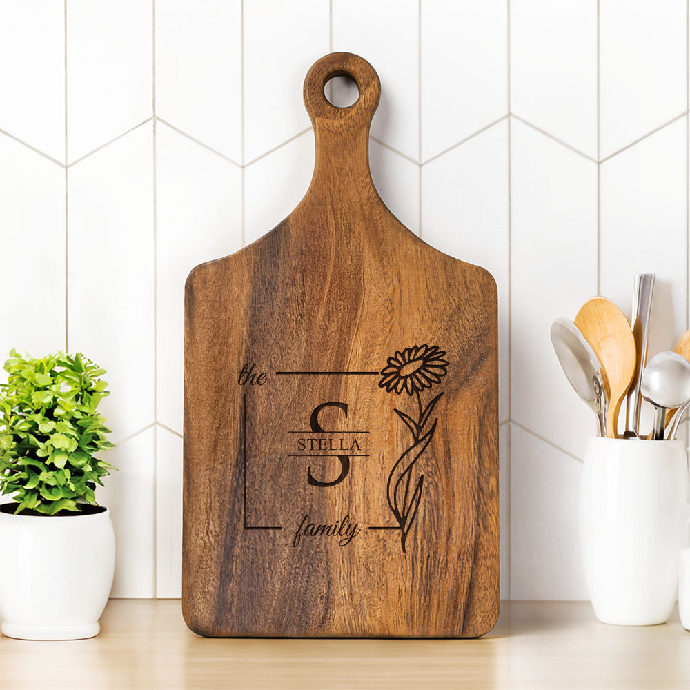 Personalisierte Girlande Initial Familienname FSC Charcuterie Schneidebrett mit Griff Housewarming Hochzeit Geschenk für Familie