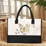 Personalised Birth Flower Butterfly Large Canvas Tote Bag with Name Birthday Mother's Day Gift for Women Girls