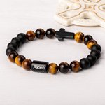 Personalizada Cruz Onyx Piedra Natural Cuentas Pulsera Elástica con Nombre Cumpleaños Bautizo Regalo para Hombres Cristiano