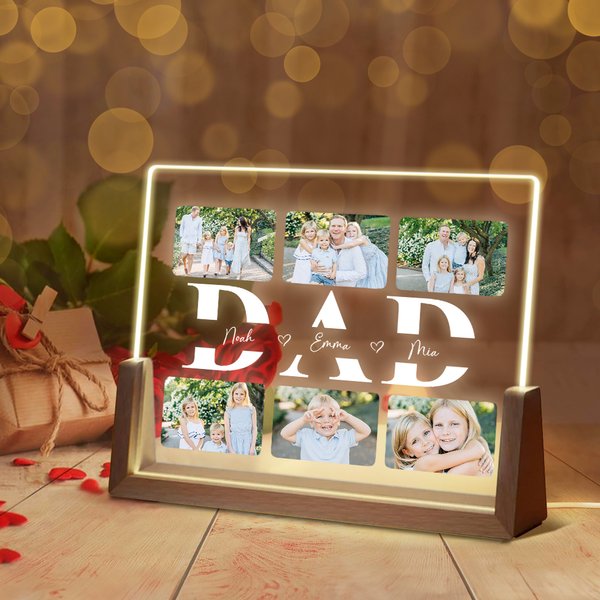 Personalized 2-6 Photos Collage Acrylic LED Night Light with 1-6 Kids Names and Wooden Base Desktop Decor Father's Day Christmas Gift for Dad Grandpa