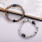 Personalizada Cruz Onyx Piedra Natural Cuentas Pulsera Elástica con Nombre Cumpleaños Bautizo Regalo para Hombres Cristiano