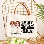 Personalised Bride and Mother Cartoon Character Large Canvas Tote Bag with Name and Leather Handle Wedding Gift for Women