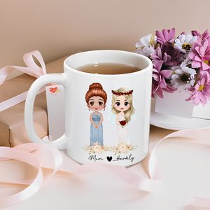 Personalized Mother of the Bride Cartoon Characters 11 oz Ceramic Mug with Name and Date Wedding Bridal Shower Gift for Bride Mom