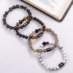 Personalizada Cruz Onyx Piedra Natural Cuentas Pulsera Elástica con Nombre Cumpleaños Bautizo Regalo para Hombres Cristiano