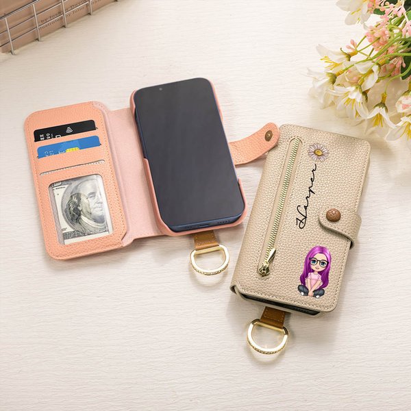 Personalised Birth Flower Cartoon Character Leather Flip Wallet Phone Case with Name RFID Blocking Card Holder Mother's Day Birthday Gift for Women