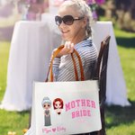 Personalised Bride and Mother Cartoon Character Large Canvas Tote Bag with Name and Leather Handle Wedding Gift for Women